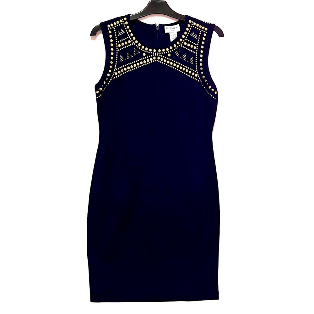 Carmen Marc Valvo Midnight Navy Studded Sleeveless Sheath Dress NWT Size Small